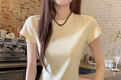 Ruffled Lace-Trim Cropped Crew Neck Tee