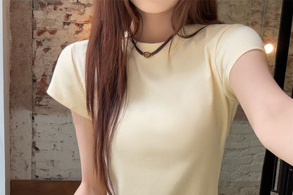 Ruffled Lace-Trim Cropped Crew Neck Tee