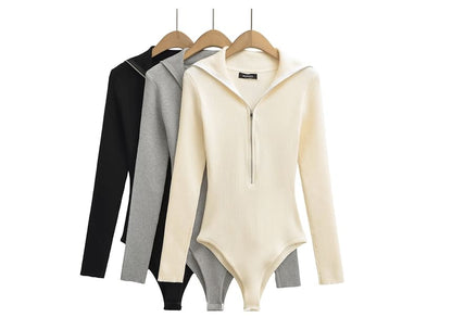 Stand Collar Long-Sleeve Plain Bodysuit
