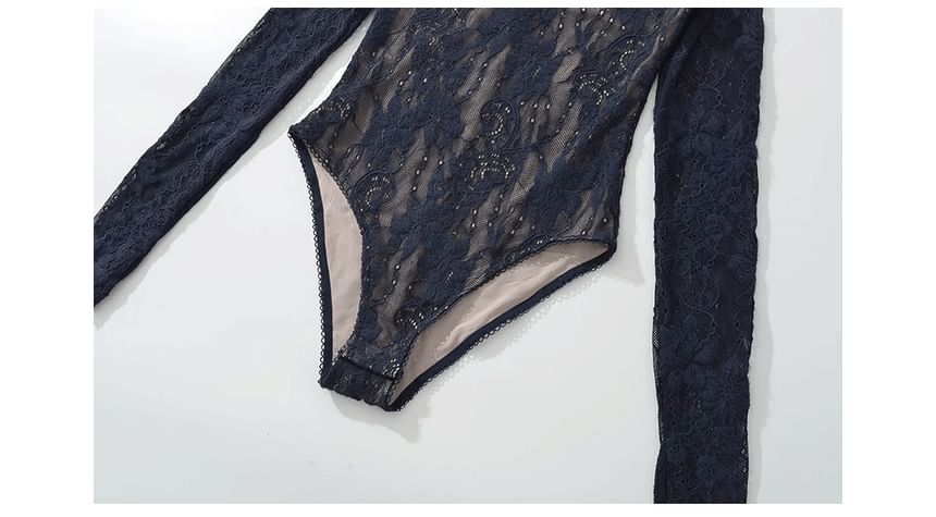 Lace Mock Neck Long-Sleeve Bodysuit Top