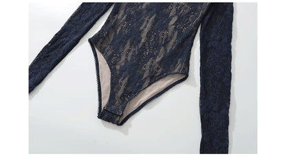 Lace Mock Neck Long-Sleeve Bodysuit Top