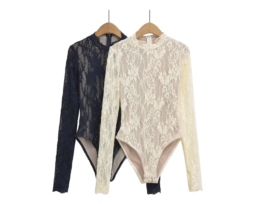 Lace Mock Neck Long-Sleeve Bodysuit Top