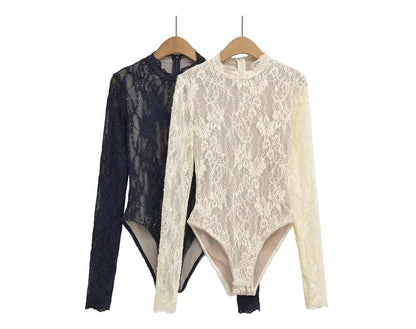Lace Mock Neck Long-Sleeve Bodysuit Top