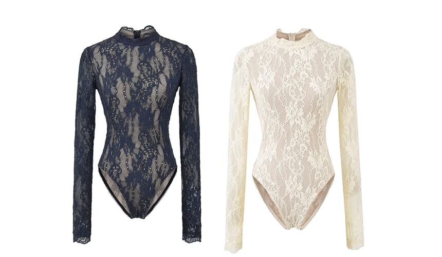 Lace Mock Neck Long-Sleeve Bodysuit Top