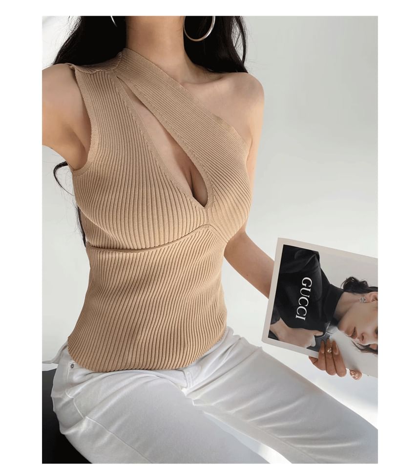 Sleeveless One Shoulder Solid Cutout Knit Top