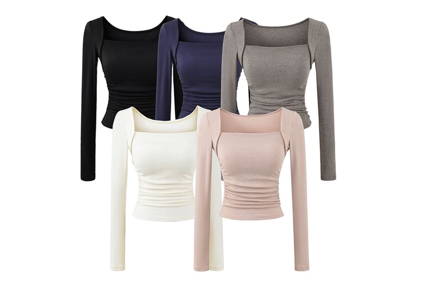 Ruched Square Neck Long-Sleeve Crop Tee