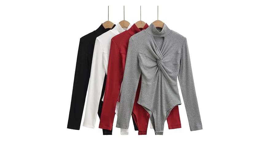 Twisted Mock Neck Long-Sleeve Bodysuit Top