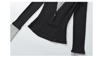 Striped Collared Long-Sleeve Mock Layer Top