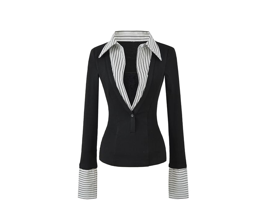 Striped Collared Long-Sleeve Mock Layer Top
