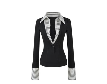 Striped Collared Long-Sleeve Mock Layer Top