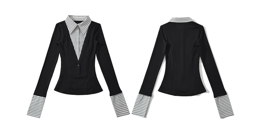 Striped Collared Long-Sleeve Mock Layer Top