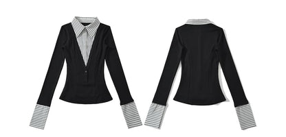 Striped Collared Long-Sleeve Mock Layer Top