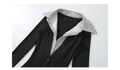 Striped Collared Long-Sleeve Mock Layer Top