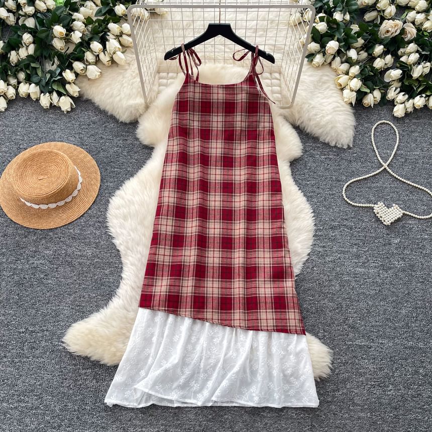 Spaghetti Strap Scoop Neck Plaid Lace Trim Midi A-Line Dress