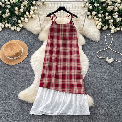Spaghetti Strap Scoop Neck Plaid Lace Trim Midi A-Line Dress