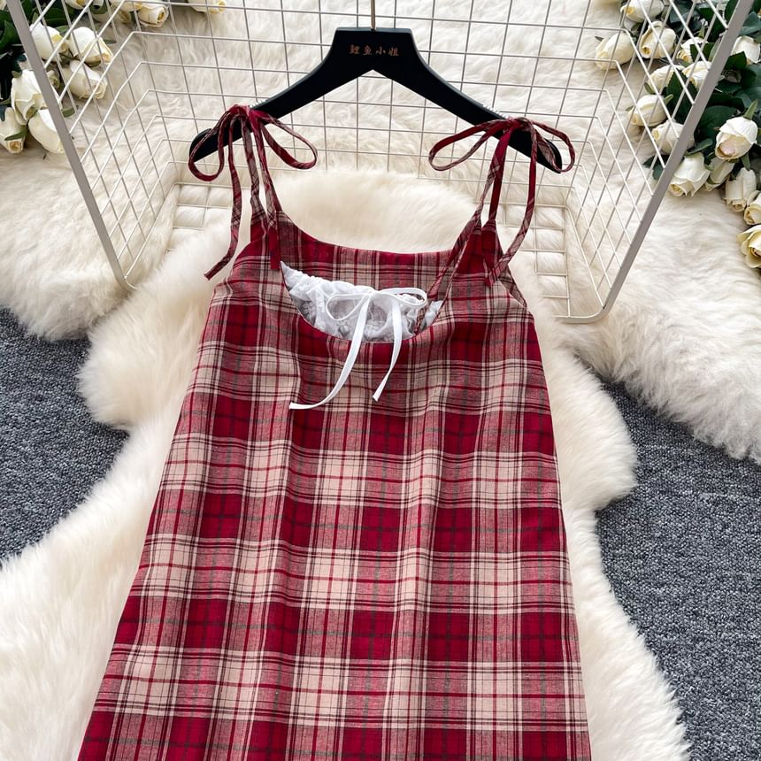 Spaghetti Strap Scoop Neck Plaid Lace Trim Midi A-Line Dress