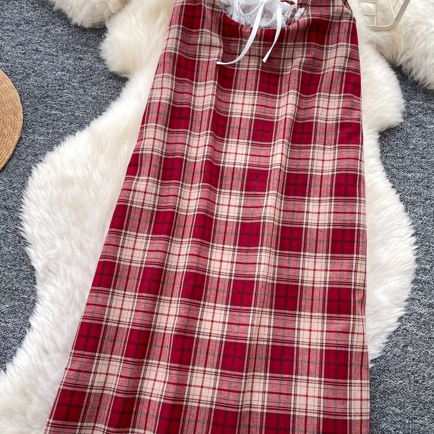 Spaghetti Strap Scoop Neck Plaid Lace Trim Midi A-Line Dress