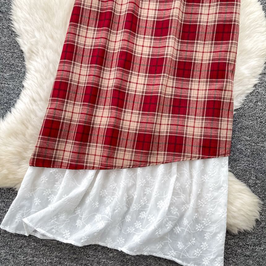 Spaghetti Strap Scoop Neck Plaid Lace Trim Midi A-Line Dress
