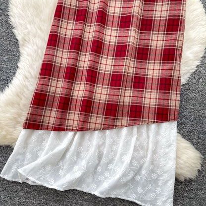 Spaghetti Strap Scoop Neck Plaid Lace Trim Midi A-Line Dress