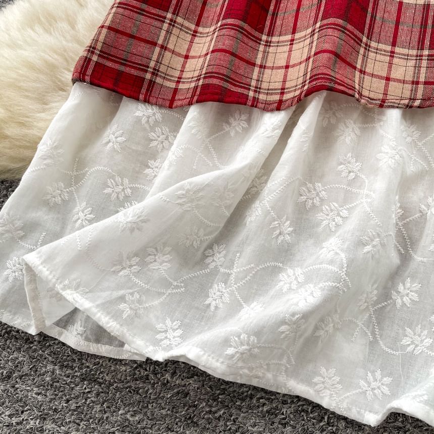 Spaghetti Strap Scoop Neck Plaid Lace Trim Midi A-Line Dress