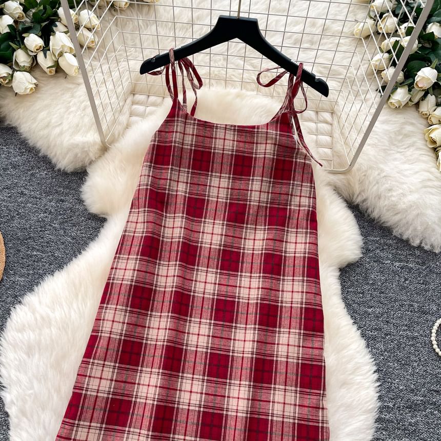 Spaghetti Strap Scoop Neck Plaid Lace Trim Midi A-Line Dress