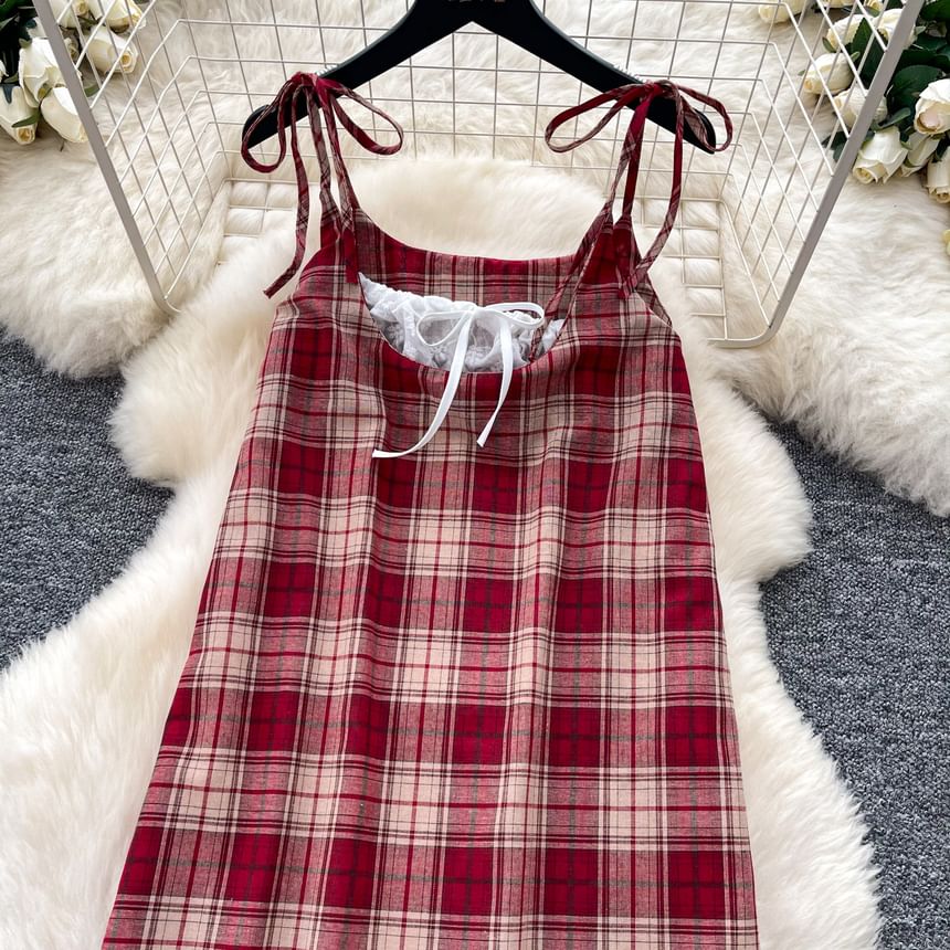 Spaghetti Strap Scoop Neck Plaid Lace Trim Midi A-Line Dress