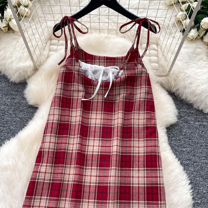 Spaghetti Strap Scoop Neck Plaid Lace Trim Midi A-Line Dress