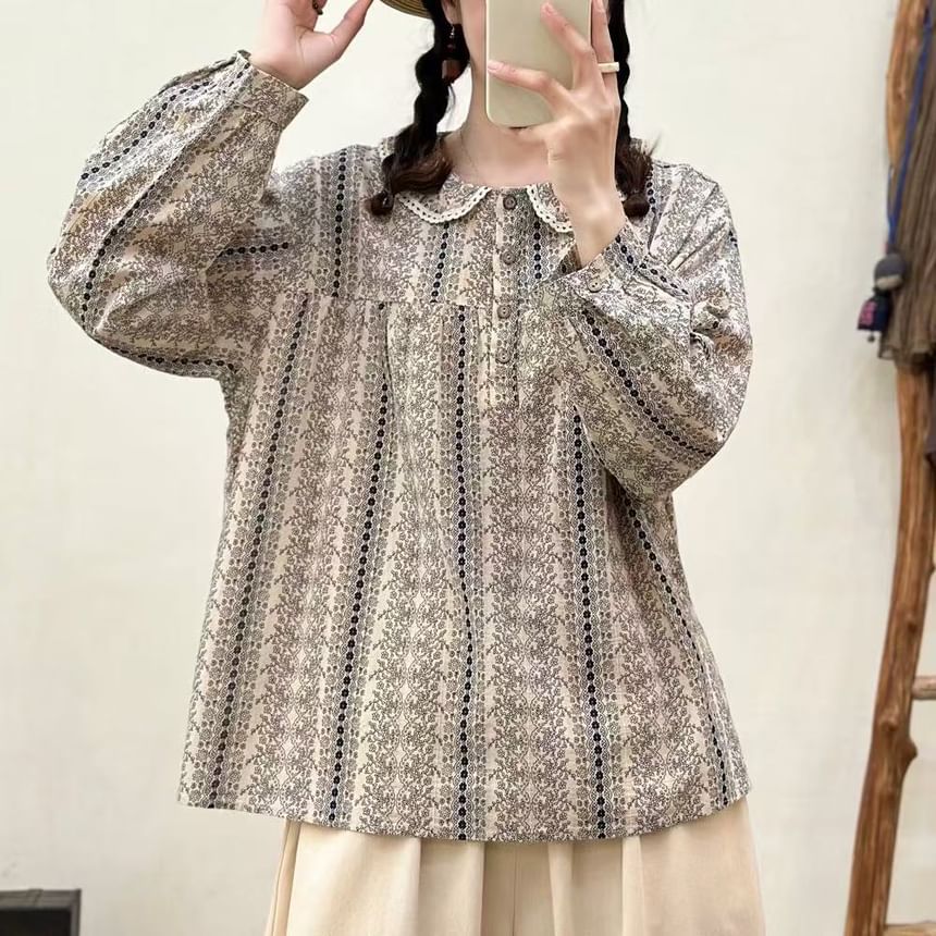 Long-Sleeve Lace Collar Plaid Blouse