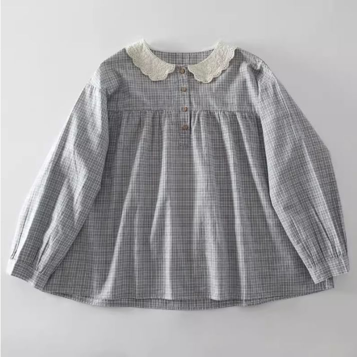 Long-Sleeve Lace Collar Plaid Blouse