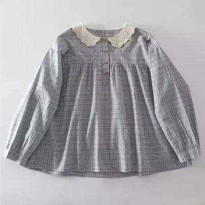Long-Sleeve Lace Collar Plaid Blouse