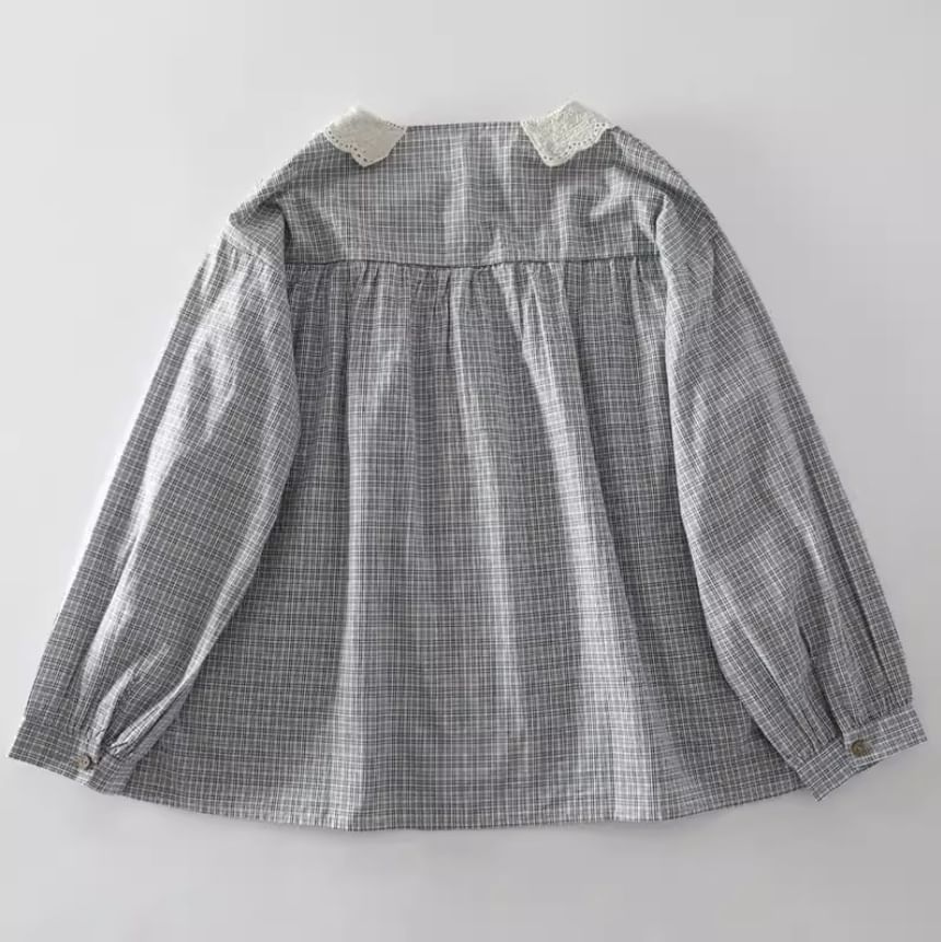 Long-Sleeve Lace Collar Plaid Blouse