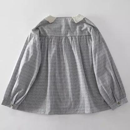 Long-Sleeve Lace Collar Plaid Blouse