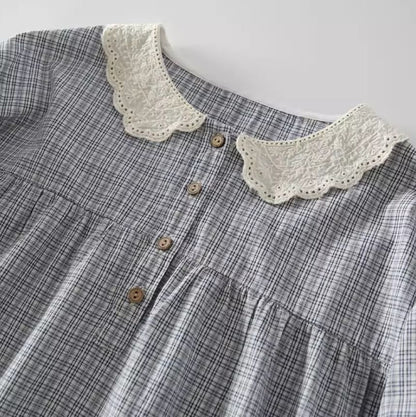 Long-Sleeve Lace Collar Plaid Blouse