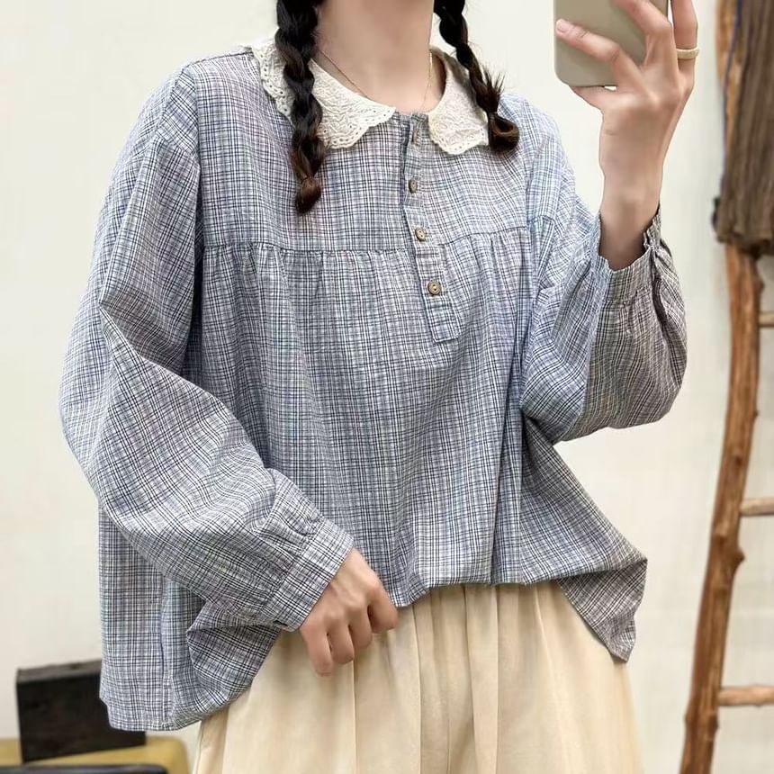 Long-Sleeve Lace Collar Plaid Blouse
