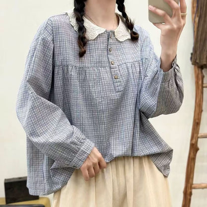 Long-Sleeve Lace Collar Plaid Blouse