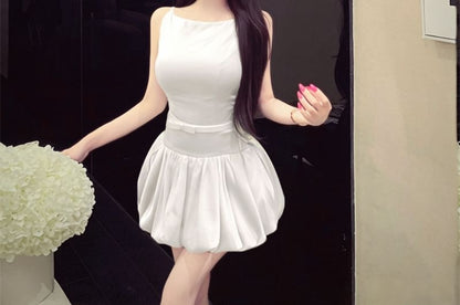 Set: Spaghetti Strap Boat Neck Plain Bubble Hem Open Back Mini A-Line Dress + Belt