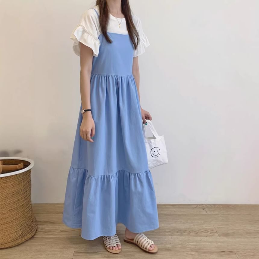 Spaghetti Strap Plain Gathered Panel Maxi A-Line Dress