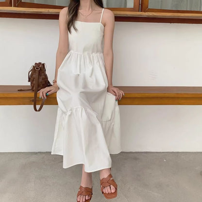 Spaghetti Strap Plain Gathered Panel Maxi A-Line Dress
