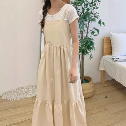 Spaghetti Strap Plain Gathered Panel Maxi A-Line Dress