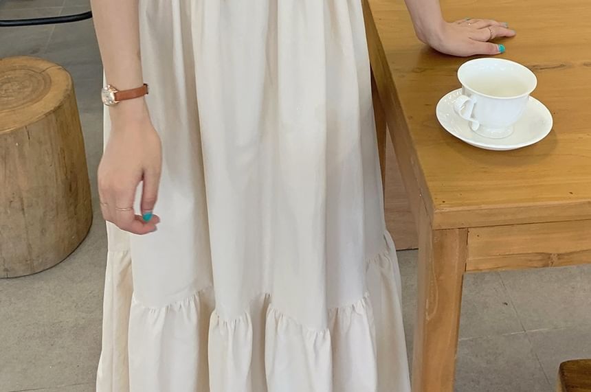 Spaghetti Strap Plain Gathered Panel Maxi A-Line Dress
