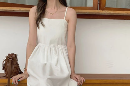 Spaghetti Strap Plain Gathered Panel Maxi A-Line Dress