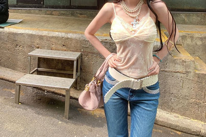 V-Neck Lace Slim Fit Crop Camisole Top