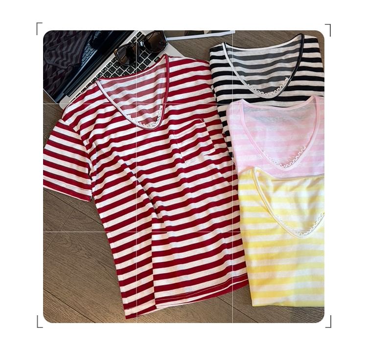 Short-Sleeve V-Neck Striped Lace Trim T-Shirt