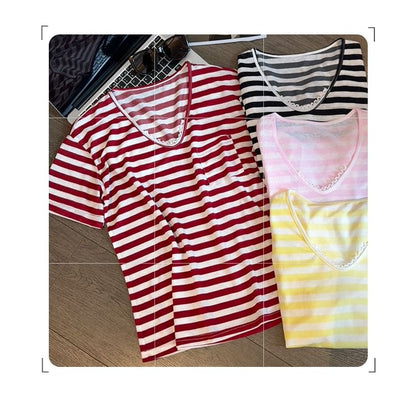 Short-Sleeve V-Neck Striped Lace Trim T-Shirt