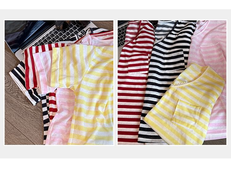 Short-Sleeve V-Neck Striped Lace Trim T-Shirt