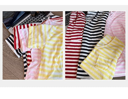 Short-Sleeve V-Neck Striped Lace Trim T-Shirt