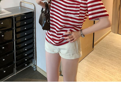 Short-Sleeve V-Neck Striped Lace Trim T-Shirt