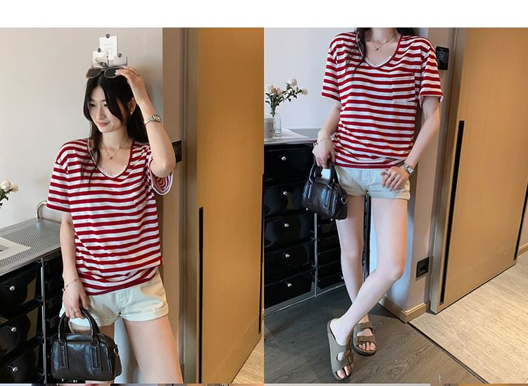Short-Sleeve V-Neck Striped Lace Trim T-Shirt