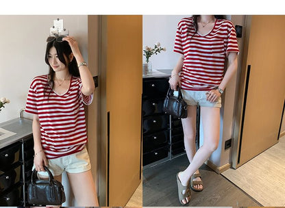 Short-Sleeve V-Neck Striped Lace Trim T-Shirt