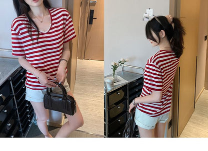 Short-Sleeve V-Neck Striped Lace Trim T-Shirt